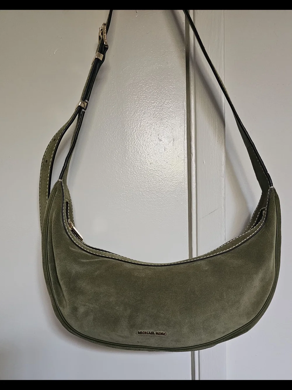 Michael Kors Olive Suede Crescent Shoulder Bag with Gold Hardware